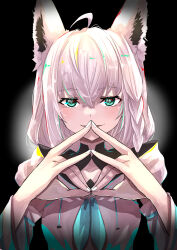 Rule 34 | 1girl, absurdres, ahoge, animal ear fluff, animal ears, blue neckerchief, blush, braid, commentary request, detached sleeves, earrings, fox ears, fox girl, fox shadow puppet kiss, gendou pose, green eyes, hair between eyes, hands clasped, highres, hololive, hood, hoodie, jewelry, long hair, looking at viewer, nanakusa ayame, neckerchief, own hands clasped, own hands together, shirakami fubuki, sidelocks, single braid, smile, solo, virtual youtuber, white hair, white hoodie