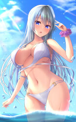 Rule 34 | :o, alice gear aegis, arm at side, bare arms, bikini, blue eyes, blue sky, breasts, cleavage, cloud, cloudy sky, collarbone, cowboy shot, day, grey hair, hair between eyes, hand up, kondou chieri, large breasts, light blush, long hair, looking at viewer, navel, open mouth, outdoors, partially submerged, purple scrunchie, scrunchie, sky, sparkle, standing, straight hair, sunlight, swimsuit, thigh gap, tooto (ryuto333), untied bikini, very long hair, wardrobe malfunction, water, water drop, wet, white bikini, wrist scrunchie