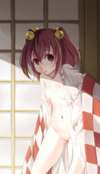 Rule 34 | 1girl, bell, breasts, buttons, checkered clothes, checkered kimono, hair bell, hair ornament, highres, japanese clothes, jingle bell, kimono, leaning forward, looking at viewer, medium hair, motoori kosuzu, mukai, navel, nipples, no bra, no panties, red eyes, red hair, shadow, sliding doors, small breasts, solo, standing, touhou