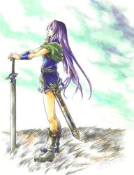 Rule 34 | 1990s (style), androgynous, boots, closed eyes, faris scherwiz, final fantasy, final fantasy v, gender request, long hair, purple hair, reverse trap, solo, sword, weapon
