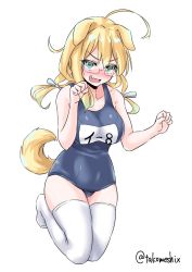 Rule 34 | 1girl, ahoge, animal ears, blonde hair, blue ribbon, breasts, collarbone, dog ears, dog tail, fang, full body, glasses, hair ribbon, highres, i-8 (kancolle), kantai collection, large breasts, looking at viewer, low twintails, medium hair, name tag, no headwear, no headwear, one-hour drawing challenge, one-piece swimsuit, open mouth, red-framed eyewear, ribbon, school swimsuit, semi-rimless eyewear, simple background, smile, solo, standing, swimsuit, tail, takomeshi, thighhighs, twintails, twitter username, under-rim eyewear, white background, white thighhighs