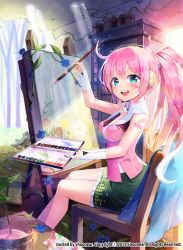 Rule 34 | 10s, 1girl, 2015, absurdres, ahoge, aqua eyes, artist name, chair, easel, flower, headphones, highres, light rays, long hair, looking at viewer, md5 mismatch, open mouth, paintbrush, painting (action), pink hair, ponytail, resolution mismatch, shoonear, sitting, skirt, solo, solo focus, source smaller, sunbeam, sunlight, uni (vocaloid), vocaloid