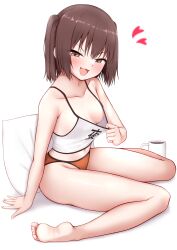 Rule 34 | 1girl, absurdres, barefoot, breasts, brown eyes, brown hair, camisole, camisole lift, cleavage, clothes lift, clothes writing, crop top, cup, feet, heart, highres, kantai collection, legs, mug, night battle idiot, open mouth, orange panties, panties, pillow, sendai (kancolle), shirt tug, short hair, simple background, sitting, small breasts, smile, soles, solo, spaghetti strap, tiemu (man190), toes, two side up, underwear, wariza, white background, white camisole