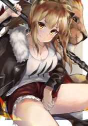Rule 34 | 1girl, animal ears, arknights, bare legs, black jacket, black nails, blonde hair, breasts, cleavage, closed mouth, commentary, fur-trimmed jacket, fur trim, grey background, hammer, highres, jacket, kyoro ina, large breasts, leather, leather jacket, lion, lion ears, lion tail, long hair, long sleeves, looking at viewer, nail polish, open clothes, open jacket, over shoulder, ponytail, red shorts, short shorts, shorts, siege (arknights), simple background, sledgehammer, smile, solo, tail, tank top, thighs, weapon, weapon over shoulder, white background, white tank top, yellow eyes
