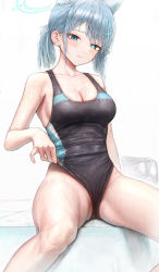 Rule 34 | 1girl, absurdres, adjusting clothes, adjusting swimsuit, animal ear fluff, animal ears, black one-piece swimsuit, blue archive, blue eyes, blush, breasts, cleavage, collarbone, competition swimsuit, cross hair ornament, earrings, feet out of frame, grey hair, groin, hair ornament, halo, highres, hopeful wharf, jewelry, looking at viewer, medium breasts, medium hair, mismatched pupils, multicolored clothes, multicolored swimsuit, one-piece swimsuit, shiroko (blue archive), shiroko (swimsuit) (blue archive), sitting, smile, solo, swimsuit, thighs, two-tone swimsuit, wet, wet clothes, wet swimsuit, white background