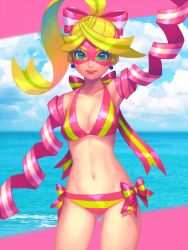 Rule 34 | 1girl, arms (game), beach, bellhenge, bikini, blonde hair, blue eyes, day, domino mask, long hair, looking at viewer, mask, multicolored bikini, multicolored clothes, multicolored hair, ocean, outdoors, ponytail, ribbon, ribbon girl (arms), ribbon hair, sky, smile, solo, striped bikini, striped clothes, swimsuit, two-tone hair, water