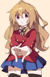 Rule 34 | 1girl, absurdres, aisaka taiga, black ribbon, black thighhighs, blue skirt, brown eyes, brown hair, buttoned cuffs, buttons, collared shirt, commentary, cowboy shot, double-breasted, hair between eyes, highres, interlocked fingers, jacket, light blush, long hair, long sleeves, looking at viewer, majormilk, neck ribbon, oohashi high school uniform, outstretched arms, pleated skirt, red jacket, ribbon, school uniform, shirt, simple background, skirt, solo, stretching, thighhighs, toradora!, wavy hair, white shirt