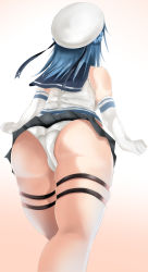 Rule 34 | 1girl, alicemagic, ass, bad id, bad pixiv id, bare shoulders, blue hair, blue skirt, breasts, double bun, elbow gloves, from behind, gloves, highres, kantai collection, large breasts, long hair, panties, pleated skirt, sailor collar, simple background, skindentation, skirt, solo, thigh strap, underwear, urakaze (kancolle), walking, white background, white gloves, white hair, white panties