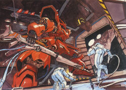 Rule 34 | 1980s (style), 3boys, astronaut, beam rifle, boots, cable, char&#039;s counterattack, concept art, energy gun, gloves, gundam, hangar, helmet, hose, machinery, mecha, mobile suit, multiple boys, official art, oldschool, production art, promotional art, redesign, retro artstyle, robot, sazabi, scan, science fiction, sketch, spacecraft interior, spacesuit, traditional media, tube, v-fin, vernier thrusters, weapon