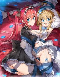 Rule 34 | 2girls, airi (queen&#039;s blade), airi (queen&#039;s blade unlimited), apron, armor, asymmetrical docking, bed, between breasts, black bow, black dress, black legwear, black ribbon, blue bow, blue eyes, blue flower, blue rose, blue sky, blush, bound, bound wrists, bow, breast press, breasts, chain, clothing cutout, cloud, crown, detached sleeves, dress, drill hair, flower, funikura, garter straps, gauntlets, gloves, greaves, hair bow, hair flower, hair ornament, indoors, leash, long hair, looking at viewer, lying, maid, maid apron, maid headdress, medium breasts, multiple girls, navel cutout, official art, on back, on bed, open mouth, petals, platinum blonde hair, pointy ears, puffy short sleeves, puffy sleeves, queen&#039;s blade, queen&#039;s blade unlimited, queen&#039;s blade white triangle, red hair, restrained, ribbon, rose, seiza, short hair, short sleeves, single gauntlet, sitting, sky, small breasts, tentacles, thighhighs, twintails, white dress, white gloves, wrist cuffs, ymir (queen&#039;s blade), ymir (queen&#039;s blade unlimited)