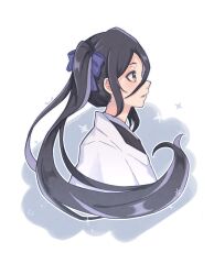 Rule 34 | 1girl, absurdres, black hair, bleach, bleach: epilogue, blue bow, blush, bow, commentary request, cropped torso, eyelashes, floating hair, from side, hair between eyes, hair bow, haori, highres, japanese clothes, kimono, kuchiki rukia, long hair, looking afar, parted lips, profile, purple eyes, rinner373, short eyebrows, side ponytail, sidelocks, simple background, solo, sparkle, spoilers, upper body, very long hair, white background, white kimono