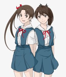 Rule 34 | :d, ayanami (kancolle), ayanami rei (cosplay), brown eyes, brown hair, cosplay, highres, kantai collection, looking at viewer, name connection, neon genesis evangelion, open mouth, ponytail, school uniform, shikinami (kancolle), side ponytail, simple background, smile, souryuu asuka langley, souryuu asuka langley (cosplay), sozan, tokyo-3 middle school uniform, white background