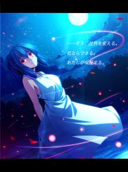 Rule 34 | 1girl, arms behind back, black hair, blue theme, breasts, cloud, dress, dutch angle, fate/zero, fate (series), full moon, jewelry, letterboxed, looking at viewer, medium breasts, moon, necklace, night, night sky, outdoors, red eyes, ryosios, shirley (fate), sky, smile, solo, star (symbol), translation request, tree