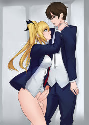 Rule 34 | 1boy, 1girl, assertive female, blonde hair, blue eyes, blue ribbon, bottomless, breasts, brown eyes, brown hair, censored, erection, futa with male, futanari, knightgawain, large breasts, mosaic censoring, multicolored background, necktie, original, penis, ribbon, school uniform, testicles, twintails