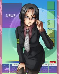 Rule 34 | 1girl, adjusting eyewear, animeflux, black hair, cowboy shot, female focus, glasses, necktie, news, office lady, solo
