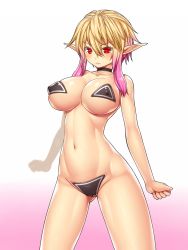 Rule 34 | 1girl, asamura hiori, blonde hair, blush, breasts, choker, covered erect nipples, euclita (pso2), gradient background, gradient hair, highres, large breasts, long hair, multicolored hair, navel, pasties, phantasy star, phantasy star online 2, pink hair, pointy ears, red eyes, simple background, solo, two-tone hair