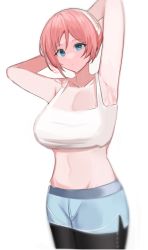 Rule 34 | 1girl, arknights, armpits, arms up, bad id, bad pixiv id, bare arms, black pants, blue eyes, blue poison (arknights), blue poison (shoal beat) (arknights), blue shorts, breasts, chinese commentary, commentary request, cowboy shot, crop top, groin, hairband, highres, large breasts, leggings, leggings under shorts, looking at viewer, midriff, navel, pants, pantyhose, partial commentary, pink hair, shochong, short hair, short sleeves, shorts, simple background, solo, sports bra, standing, stomach, white background