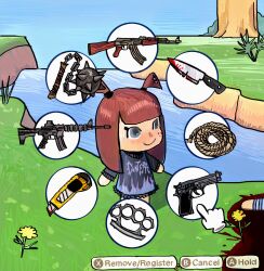 Rule 34 | 1girl, 1other, ak-47, animal crossing, ar-15, assault rifle, ball and chain (weapon), beretta 92, black shirt, blood, blood on ground, bloody knife, blue shirt, blunt bangs, boxcutter, brass knuckles, brown hair, chibi, closed mouth, commentary, corpse, day, disembodied limb, english commentary, english text, fake screenshot, flower, freckles, full body, grand theft auto, grand theft auto v, grass, grey eyes, gun, handgun, highres, implied murder, kalashnikov rifle, knife, long hair, long sleeves, multicolored shirt, mushymoss, nintendo, out of frame, outdoors, pool of blood, purple shirt, rifle, river, rope, shirt, sketch, smile, standing, t-shirt, tree, two side up, villager (animal crossing), weapon, yellow flower