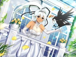Rule 34 | 1girl, animal, arched window, balcony, banister, bare shoulders, bird, black eyes, black feathers, black ribbon, blush, body blush, bow, breasts, bridal veil, bride, center frills, choker, church, cleavage, collarbone, crow, dark-skinned female, dark skin, dress, elbow gloves, falling petals, feathers, fern, floral print, floral print dress, flower, frilled dress, frills, gloves, hair intakes, hair ornament, hair ribbon, high ponytail, jewelry, large breasts, lens flare, light particles, light rays, long hair, official alternate costume, official art, open mouth, petals, pillar, pink flower, pink ribbon, plant, ponytail, potted plant, ribbon, ring, rose, see-through, see-through cleavage, senran kagura, senran kagura new link, senran kagura new wave, shiny skin, sidelocks, solo, sparkle, sunbeam, sunlight, tiara, tongue, veil, very long hair, vines, waist bow, wedding dress, wedding ring, white bow, white choker, white dress, white gloves, white hair, window, yaegashi nan, yellow flower, yellow rose, yuyaki (senran kagura)
