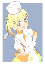Rule 34 | 1girl, :d, absurdres, bad id, bad twitter id, blonde hair, blue background, blush, buttons, chef, chef hat, copyright request, donguri suzume, double-breasted, gloves, hair ornament, hand on own hip, hand up, hat, highres, holding, ladle, looking at viewer, multicolored clothes, multicolored skirt, open mouth, orange eyes, simple background, skirt, smile, solo, standing, virtual youtuber, white gloves, x hair ornament