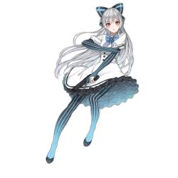 Rule 34 | 1girl, arm across chest, black bow, blue bow, blue footwear, blue pantyhose, blue stripes, bow, brooch, buttons, closed mouth, dress, elbow gloves, eyelashes, footwear bow, frilled dress, frills, full body, girls&#039; frontline, gloves, gradient legwear, gun, haijin, hair bow, handgun, holding, holding gun, holding weapon, jewelry, juliet sleeves, knees, light smile, long hair, long sleeves, looking at viewer, multicolored clothes, multicolored legwear, official art, pantyhose, partially fingerless gloves, pistol, puffy sleeves, red eyes, shoes, short sleeves, silver hair, solo, striped bow, striped clothes, striped gloves, striped pantyhose, tokarev (girls&#039; frontline), tokarev tt-33, transparent background, trigger discipline, vertical-striped clothes, vertical-striped gloves, vertical-striped pantyhose, very long hair, weapon, white dress