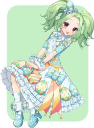 Rule 34 | 1girl, :3, :d, bad id, bad twitter id, blue dress, blue footwear, blue ribbon, border, dress, easter, easter egg, egg, egg print, frilled dress, frills, full body, green background, green hair, high heels, highres, kiratto pri chan, long hair, looking at viewer, neck ribbon, open mouth, outside border, parted bangs, pretty series, print dress, rabbily (kiratto pri chan), red eyes, ribbon, shiyurinpu, shoes, smile, socks, solo, star-shaped pupils, star (symbol), symbol-shaped pupils, twintails, white border, white socks, wrist cuffs