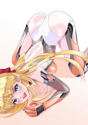 1girl absurdres aino_minako arion_canvas ass bishoujo_senshi_sailor_moon blonde_hair blush bodysuit breasts gloves green_eyes highres large_breasts long_hair looking_at_viewer magical_girl open_mouth sailor_venus skin_tight smile solo