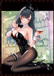 Rule 34 | 1girl, animal ears, armpit crease, bar (place), bare shoulders, black footwear, black hair, black hairband, black leotard, bow, bowtie, breasts, bridal garter, brown pantyhose, cleavage, cocktail glass, collarbone, covered navel, cup, detached collar, drinking glass, earrings, fake animal ears, fake tail, finger heart, grin, hairband, hario 4, high heels, highres, holding, jewelry, kneeling, large breasts, latex, leotard, long hair, looking at viewer, mole, mole under eye, nail polish, original, pantyhose, playboy bunny, rabbit ears, rabbit tail, red eyes, red nails, smile, solo, strapless, strapless leotard, tail, thighs, wrist cuffs