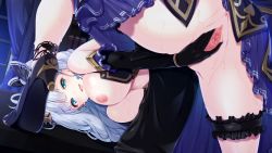 Rule 34 | 1girl, :d, aito (indigorabbit), anus, aqua eyes, ass, black footwear, black gloves, breasts, breasts out, bridal garter, censored, come hither, curtains, desk, dutch angle, earrings, elbow gloves, female focus, game cg, gloves, hair ornament, high heels, hime to in&#039;yoku no testament, indoors, jewelry, large breasts, light blush, long hair, looking at viewer, looking through own legs, mosaic censoring, night, nipples, non-web source, on desk, open mouth, pelvic curtain, presenting, pussy, pussy juice, shoe soles, showgirl skirt, smile, solo, spread legs, spread pussy, sweat, top-down bottom-up, white hair