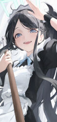 Rule 34 | 1girl, absurdres, apron, aris (blue archive), aris (maid) (blue archive), black dress, black hair, blue archive, blue eyes, blush, collared dress, dress, green halo, halo, highres, long hair, looking at viewer, maid, maid headdress, nanami (u nanamiii), official alternate costume, open mouth, ponytail, short sleeves, smile, solo, upper body, white apron