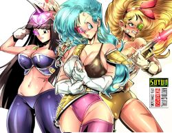 Rule 34 | 3girls, art suyuu, artist name, black eyes, black hair, blonde hair, blue eyes, blue hair, breasts, bulma, chi-chi (dragon ball), cleavage, covered erect nipples, dragon ball, earrings, fingerless gloves, gloves, green-tinted eyewear, helmet, jewelry, large breasts, long hair, lunch (dragon ball), multiple girls, navel, purple-tinted eyewear, red-tinted eyewear, scouter, thighs, tinted eyewear