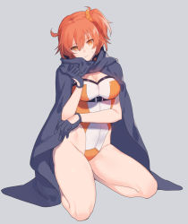 Rule 34 | 1girl, adapted costume, bad id, bad pixiv id, breasts, cape, cleavage, commentary request, fate/grand order, fate (series), fujimaru ritsuka (female), fujimaru ritsuka (female) (chaldea combat uniform), full body, gloves, grey background, groin, highres, hip bones, kneeling, large breasts, leotard, official alternate costume, orange eyes, side ponytail, simple background, solo, sweatdrop, thighs, yayata (884)