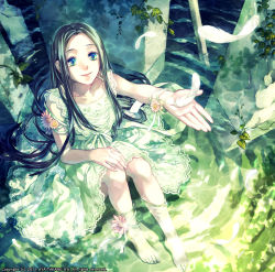 Rule 34 | 1girl, album cover, barefoot, blue eyes, character request, cover, feathers, long hair, minami seira, original, sitting, smile, solo, water, watermark, wet, wet clothes