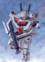 Rule 34 | assault visor, choujikuu yousai macross, commentary, energy cannon, english commentary, gun, gunpod, hector trunnec, highres, holding, holding gun, holding weapon, jolly roger, lights, looking down, macross, mecha, no humans, painting (medium), realistic, robot, robotech, scan, science fiction, solo, traditional media, u.n. spacy, variable fighter, vf-1, vf-1s, watercolor (medium), weapon