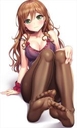 Rule 34 | 1girl, :3, arm support, bang dream!, bare shoulders, blush, bow, breasts, brown hair, brown pantyhose, chemise, cleavage, closed mouth, collarbone, commentary request, earrings, feet, fingernails, full body, green eyes, hair between eyes, hair down, hand on own knee, imai lisa, jewelry, knees up, lambda (kusowarota), large breasts, legs, long hair, looking at viewer, no shoes, pantyhose, red bow, red scrunchie, scrunchie, shadow, sidelocks, simple background, sitting, smile, soles, solo, spaghetti strap, strap slip, toes, wavy hair, white background, wrist scrunchie