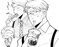 Rule 34 | 1boy, 96gomaice, alcohol, anger vein, beer, beer mug, blush, bubble tea, cup, dango, disposable cup, drinking, drinking straw, eating, food, glasses, greyscale, highres, holding, holding cup, holding food, jujutsu kaisen, male focus, monochrome, mug, nanami kento, necktie, open mouth, pinstripe pattern, pinstripe shirt, shirt, short hair, solo, striped, suspenders, wagashi