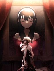 Rule 34 | 1girl, bare shoulders, black dress, black hair, black thighhighs, blood, blood on clothes, blood on face, breasts, commentary, curtains, dagger, dress, earrings, english commentary, flower, from side, gold earrings, gold hairband, hairband, highres, holding, holding dagger, holding knife, holding weapon, jewelry, knife, large breasts, off-shoulder shirt, off shoulder, portrait (object), profile, red eyes, rose, savi (byakushimc), shiny weapon, shirt, solo, sparkle, spotlight, spy x family, stiletto (weapon), thighhighs, weapon, yor briar