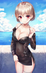 Rule 34 | 1girl, ahoge, anklet, bad id, bad pixiv id, bare shoulders, bikini, bikini top only, black bikini, black jacket, black skirt, blue sky, breasts, brown hair, choker, cleavage, closed mouth, cloud, cloudy sky, collarbone, covered navel, cowboy shot, day, hand up, hinaki (hinaki 0102), horizon, jacket, jewelry, large breasts, leather, leather jacket, long sleeves, miniskirt, ocean, off shoulder, open clothes, open jacket, original, outdoors, pencil skirt, red eyes, short hair, side slit, skirt, sky, solo, standing, strap pull, swimsuit, thighs, water drop