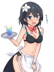 Rule 34 | 1girl, absurdres, apron, apron tug, bikini, black bikini, black eyes, black hair, black sarong, blush, bow, bowtie, breasts, cleavage, commentary, cowboy shot, cup, drinking glass, drinking straw, flag, flower, food, frilled bikini, frilled cuffs, frills, frown, fruit, hair flower, hair ornament, highres, holding, holding tray, kemono friends, lemon, lemon slice, looking at viewer, medium breasts, navel, open mouth, red bow, red bowtie, sarong, shiraha maru, short hair, side-tie bikini bottom, simple background, solo, standing, superb bird-of-paradise (kemono friends), swimsuit, tray, waist apron, white apron, white background, white flag