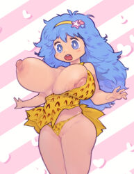 Rule 34 | 1girl, blue eyes, blue hair, breasts, cleft of venus, dress, hayami persia, headband, huge breasts, large nipples, long hair, mahou no yousei persia, nipples, pussy, solo, standing, tetsuwan woopie, thick thighs, thighs, thong