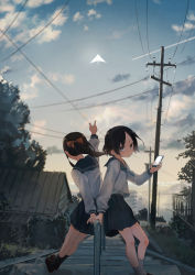 Rule 34 | 2girls, back-to-back, black hair, blue eyes, blurry, bow, brown hair, cellphone, city, cloud, contrail, depth of field, grass, hair bow, hakuto 173, highres, house, inami hatoko, long hair, looking at viewer, multiple girls, open mouth, original, phone, pointing, ponytail, power lines, railing, scenery, school uniform, serafuku, short hair, sky, smartphone, stairs, tree, twilight, utility pole