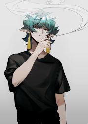 Rule 34 | 1boy, arm at side, between fingers, black shirt, cigarette, copyright request, earrings, gekichuu youkai, green hair, grey background, hand up, highres, holding, holding cigarette, jewelry, looking at viewer, male focus, parted lips, pointy ears, shirt, short hair, short sleeves, sideways glance, simple background, smoke, smoking, solo, t-shirt, tassel, tassel earrings, upper body