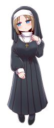 Rule 34 | 1girl, black dress, black footwear, black pantyhose, blue eyes, blush, breasts, closed mouth, cross, dress, full body, habit, hand up, head tilt, highres, latin cross, light brown hair, long sleeves, looking away, looking to the side, medium breasts, naga u, nun, original, pantyhose, parted bangs, pleated dress, puffy long sleeves, puffy sleeves, shoes, simple background, sleeves past wrists, solo, standing, traditional nun, veil, white background