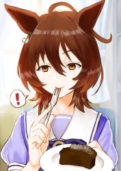 Rule 34 | !, 1girl, agnes tachyon (umamusume), ahoge, animal ears, brown eyes, brown hair, cake, curtains, food, fork, hair ornament, highres, holding, holding plate, horse ears, horse girl, kutouten, plate, sailor collar, school uniform, smile, solo, spoken exclamation mark, tracen school uniform, umamusume, upper body, utensil in mouth, window