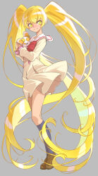 Rule 34 | 1girl, absurdly long hair, blonde hair, brown footwear, commentary request, cosplay, cure sunshine, eyelashes, grey background, happy, heartcatch precure!, highres, jj (ssspulse), long hair, looking at viewer, magical girl, myoudou gakuen middle school uniform, myoudouin itsuki, myoudouin itsuki (cosplay), potpourri (heartcatch precure!), precure, school uniform, self cosplay, shoes, simple background, smile, socks, solo, standing, twintails, very long hair, yellow eyes