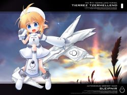 Rule 34 | 1girl, ahoge, bare shoulders, blonde hair, blue eyes, boots, child, cloud, english text, fairy, fang, gloves, hat, kso, midriff, navel, original, pointy ears, short hair, sky, smile, solo, sunset, wallpaper