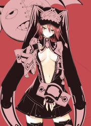 Rule 34 | 10mo, 1girl, areola slip, black dress, black gloves, black skirt, black thighhighs, blush, breasts, center opening, cleavage cutout, clothing cutout, dress, fingerless gloves, gloves, guilty gear, guilty gear 2, hair between eyes, hand on own chest, hat, headpiece, highres, legs apart, long sleeves, looking at viewer, lucifero (guilty gear), medium breasts, medium hair, navel, necktie, no bra, open mouth, red background, red eyes, red hair, red necktie, short hair, simple background, skirt, skull, solo, stomach, sweat, sweatdrop, thighhighs, valentine (guilty gear), zettai ryouiki