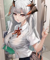 Rule 34 | 1girl, alternate costume, arknights, black skirt, breasts, commentary, grey hair, hand up, horns, index finger raised, indoors, large breasts, long hair, mikuning, neck ribbon, open mouth, orange eyes, red ribbon, ribbon, saria (arknights), shirt, skirt, solo, upper body, very long hair, white shirt