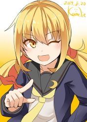 Rule 34 | 1girl, armband, blonde hair, blue jacket, commentary request, crescent, crescent pin, dated, gradient background, highres, jacket, kamelie, kantai collection, long hair, neckerchief, one-hour drawing challenge, one eye closed, pointing, satsuki (kancolle), satsuki kai ni (kancolle), school uniform, serafuku, smile, solo, twintails, upper body, white background, yellow background, yellow eyes, yellow neckerchief