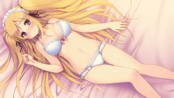 Rule 34 | 1girl, aisare roommate, bed, bed sheet, blonde hair, blue panties, blush, bow, bow bra, bra, breasts, cleavage, dutch angle, embarrassed, floral print, frilled panties, frills, from above, frown, full-face blush, fumii, fummy, game cg, hair ribbon, hair spread out, indoors, knees together feet apart, lace, lace-trimmed bra, lace-trimmed panties, lace trim, large breasts, legs, long hair, looking at viewer, lying, maid headdress, navel, nose blush, on back, panties, parted bangs, purple eyes, ribbon, shidou aisha, shiny skin, solo, sweat, tears, thigh gap, thighs, twintails, two side up, underwear, underwear only, very long hair, wavy mouth, white bra, white panties, yu-ta